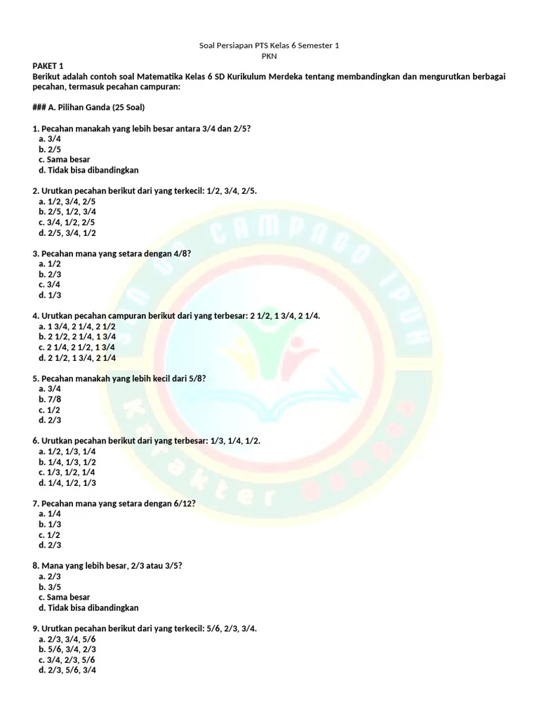 006 Soal Persiapan PTS Kelas 6 Semester 1 MTK PDF