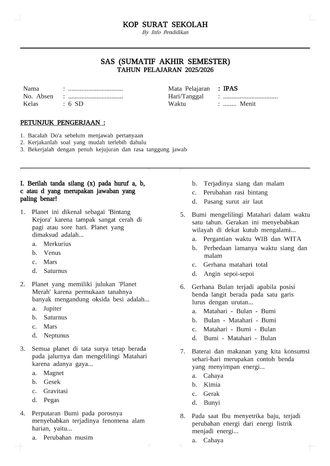 Paket 1 Soal SAS IPAS SD Kelas 6 Semester 2 dan Kunci Jawaban - JALURPPG ID
