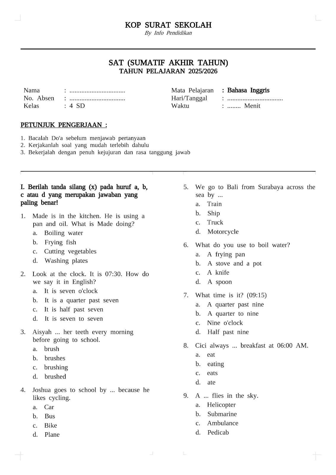 Paket 1 Soal SAT Bahasa Inggris SD Kelas 4 Semester 2 dan Kunci Jawaban