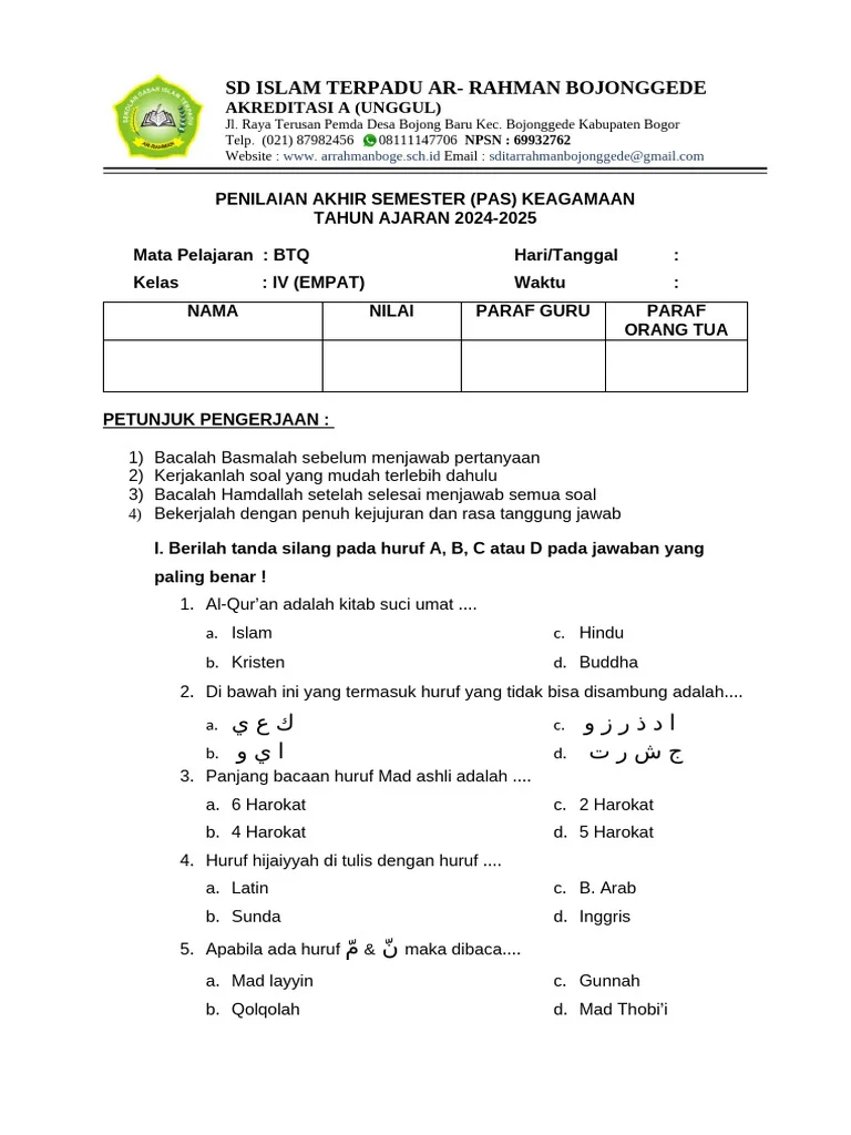 5 Bocoran Contoh Soal BTQ Kelas 4 SD Semester 1 2026 Dijamin Keluar
