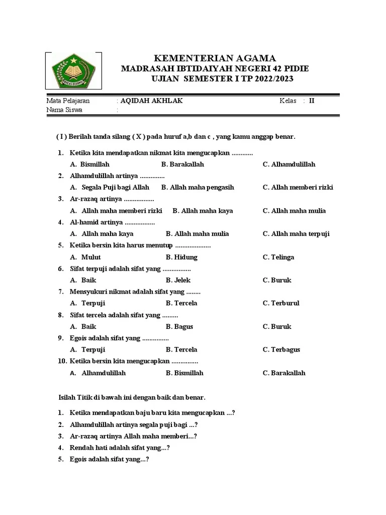 contoh soal kelas 2 sd akidah ahlak semester 1 doc