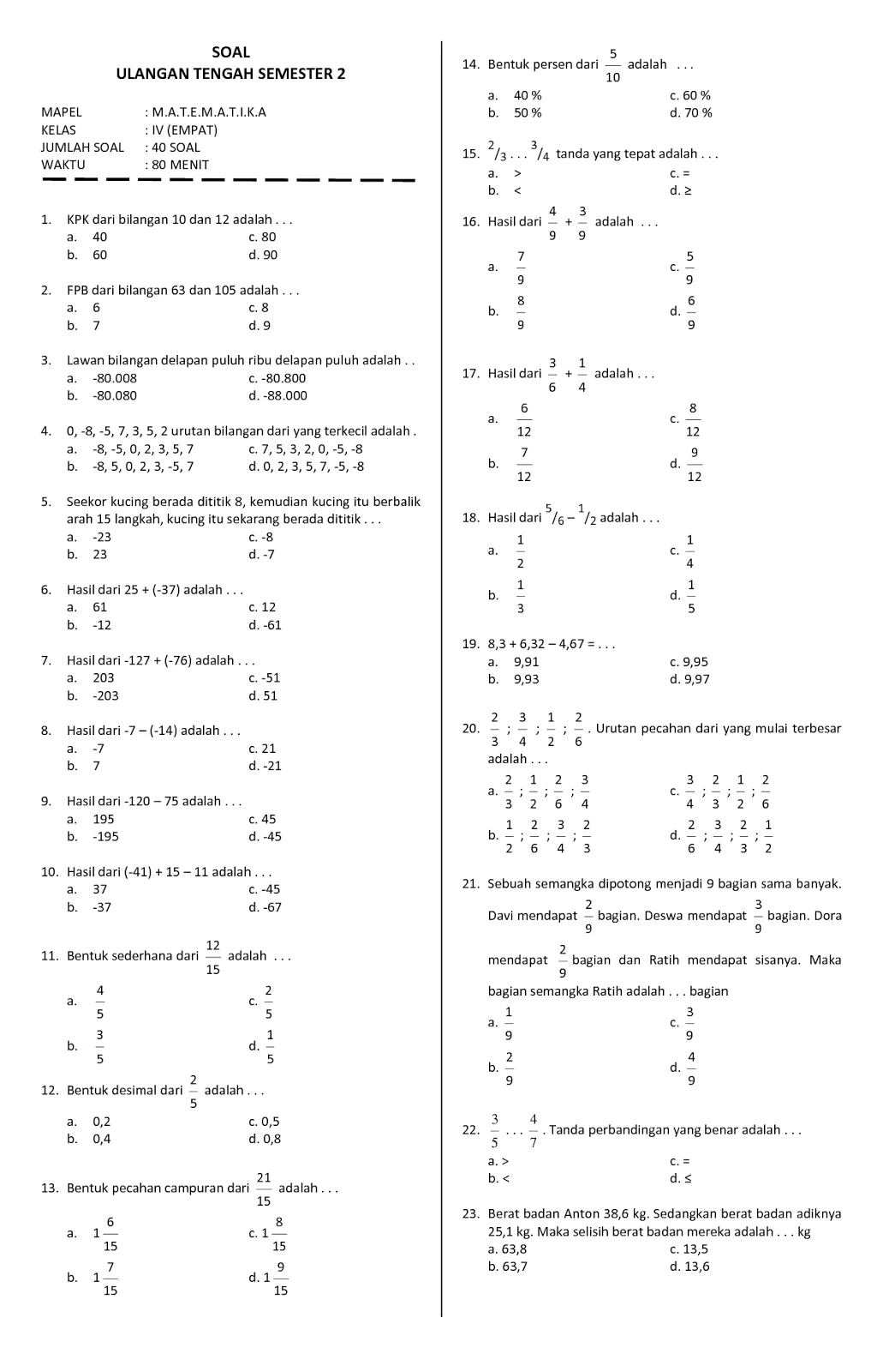 7 Kumpulan Latihan Soal Matematika Kelas 4 Semester 1 yang Wajib Dikuasai Agar Nilai Naik Drastis
