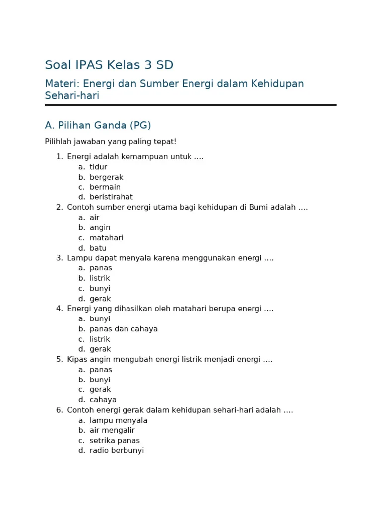 7 Kumpulan Soal Kelas 3 SD Tentang Sumber Energi dan Penerapannya yang Wajib Dikuasai Sebelum Ulangan