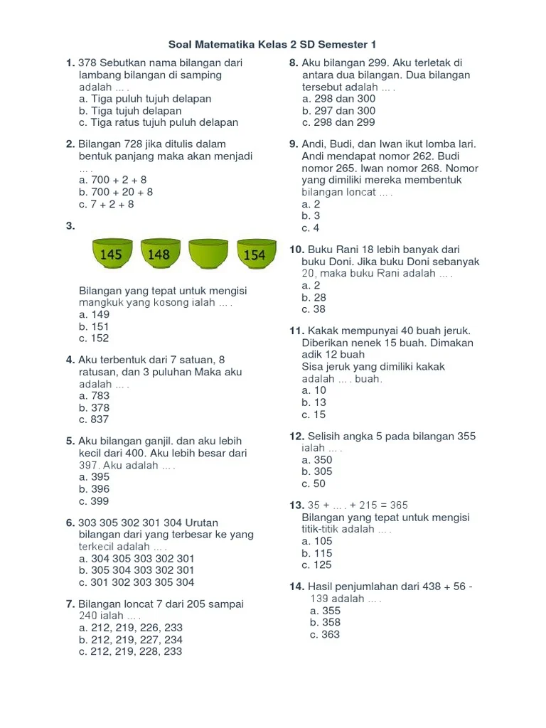 Soal Matematika Kelas 2 SD Semester 1 PDF Soal Matematika Kelas 2 SD Semester 1 PDF