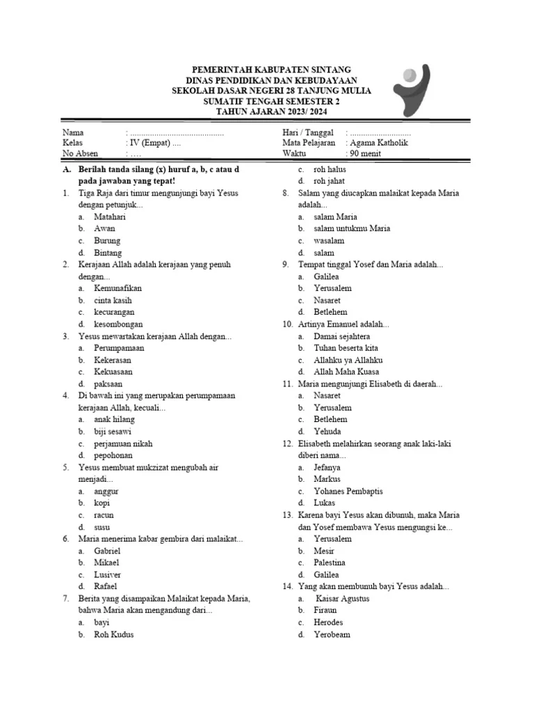 Soal Agama Katolik Kelas IV SD 2023 PDF Soal Agama Katolik Kelas IV SD 2023 PDF