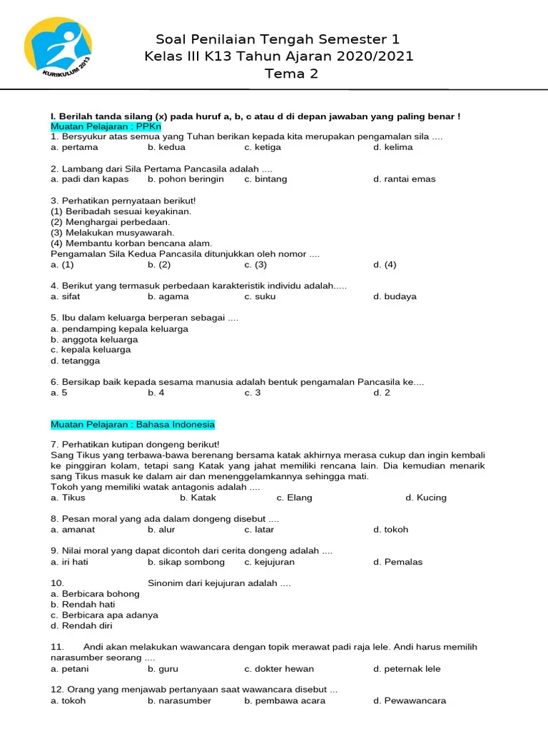 Soal Ujian Kelas III K13 Tema 2 PDF Soal Ujian Kelas III K13 Tema 2 PDF