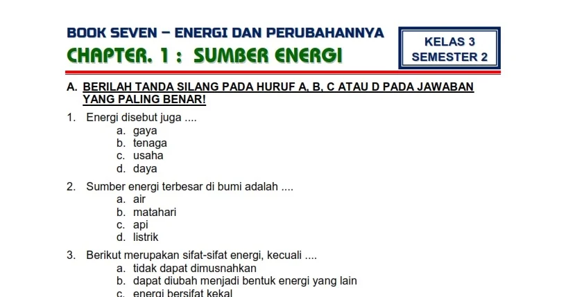 Kumpulan Soal Kelas 3 Tema 7 Energi dan Perubahannya Terbaru 2026 Lengkap Kunci Jawaban