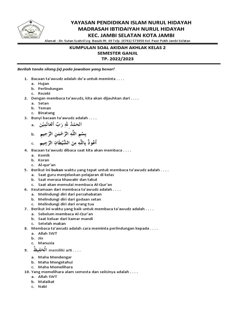 Kunci Jawaban Lengkap Untuk contoh soal kelas 2 sd akidah ahlak semester 1