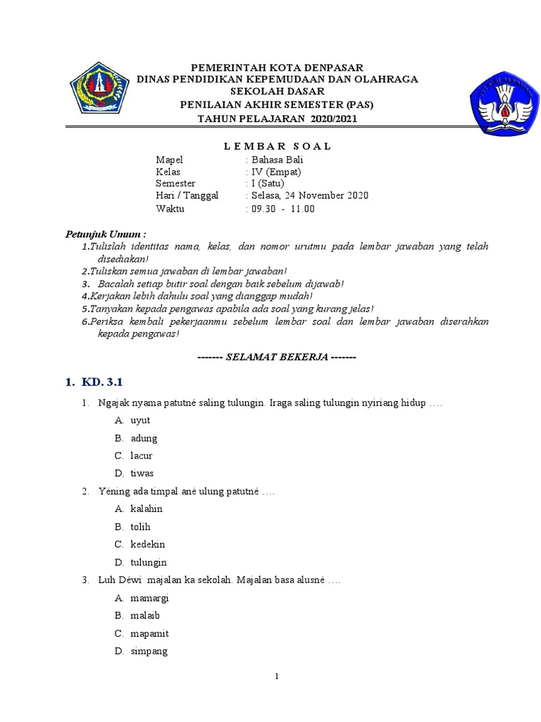 Rahasia Kunci Jawaban Kumpulan Soal Bahasa Bali Kelas 4 SD Semester 1 Terungkap