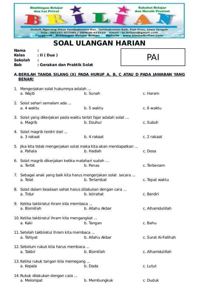Ternyata Ini Dia Contoh Soal Kelas 2 Pai Sd Pelajaran 1 yang Sering Muncul di Ujian, Wajib Tahu Sebelum Terlambat