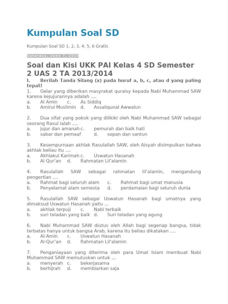Ternyata Ini Dia Kumpula Soal-Soal Uas Pai Kelas 4 Semester 2 Pdf 2026 yang Sering Keluar