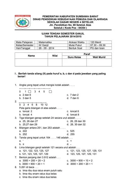 Soal Matematika kelas 3 sd semester 1 DOCX Soal Matematika kelas 3 sd semester 1 DOCX