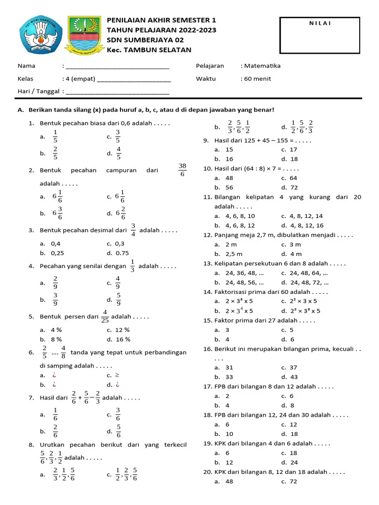 Soal Matematika Kelas 4 Semester 1 PDF Soal Matematika Kelas 4 Semester 1 PDF