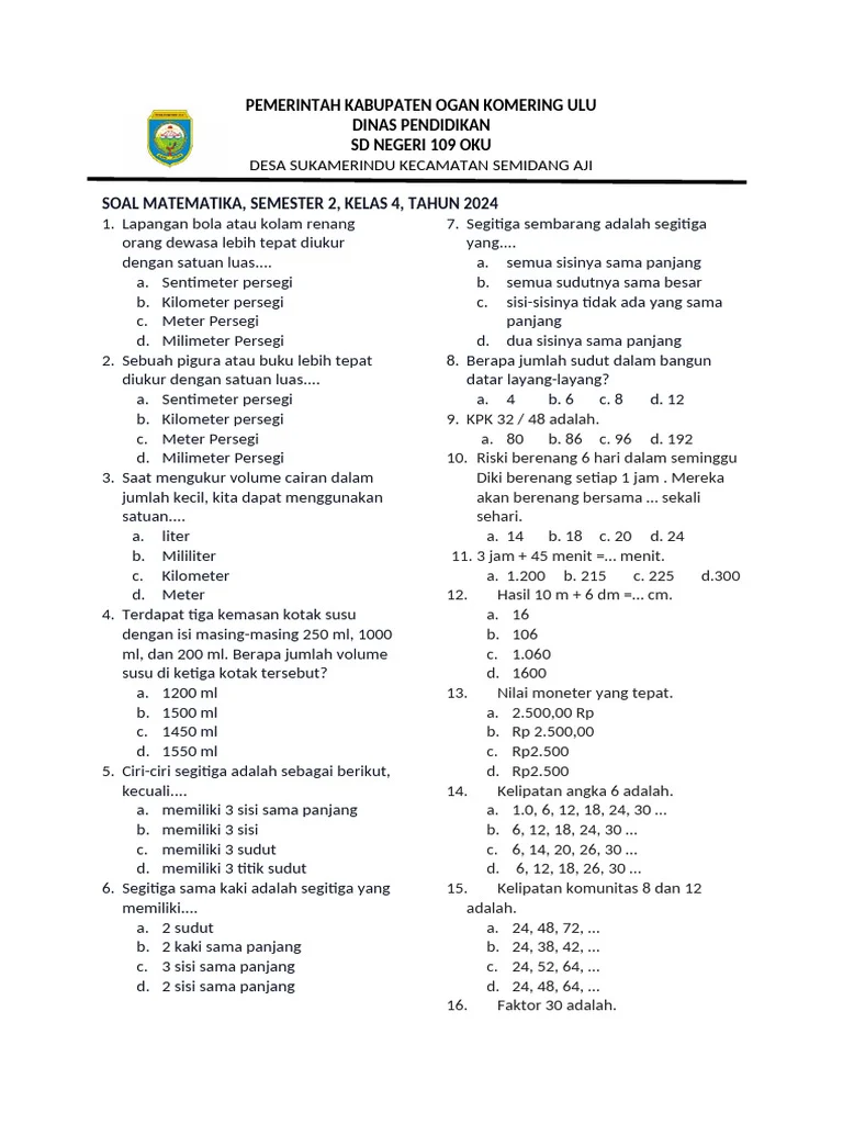 Soal Ujian Kelas 4 Semester 2 PDF Soal Ujian Kelas 4 Semester 2 PDF