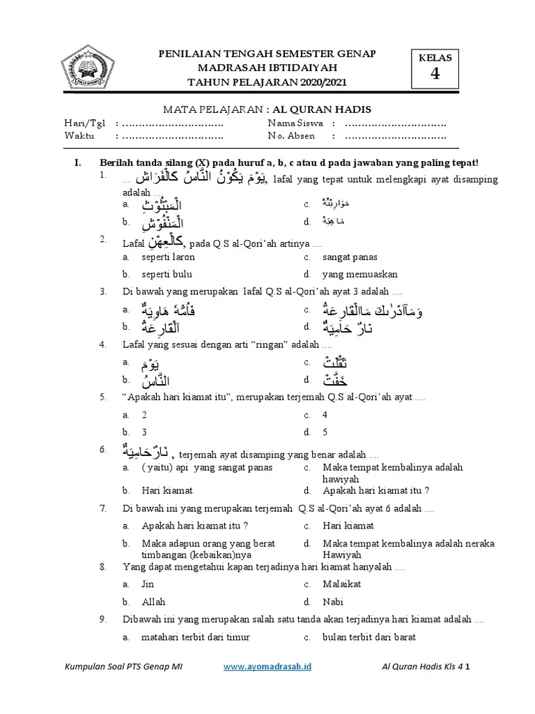 Wajib Tahu Kumpulan Soal Alquran Hadist MI Kelas 4 Semester 2 Terbaru 2026