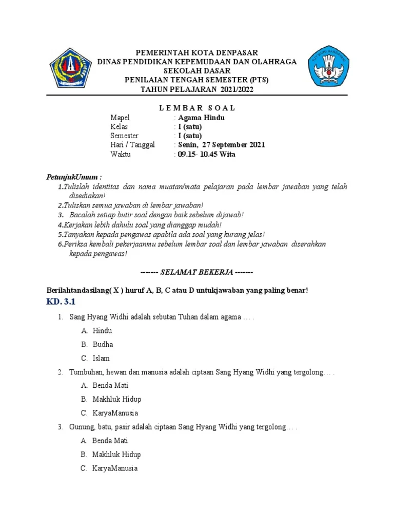 Rahasia Lulus Nilai Sempurna Soal Agama Hindu Ulangan Semester Satu Kelas 1 SD Rahasia Lulus Nilai Sempurna Soal Agama Hindu Ulangan Semester Satu Kelas 1 SD